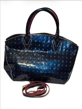 NWOT ARCADIA GENUINE PATENT ITALIAN LEATHER NAVY BLUE SATCHEL BAG